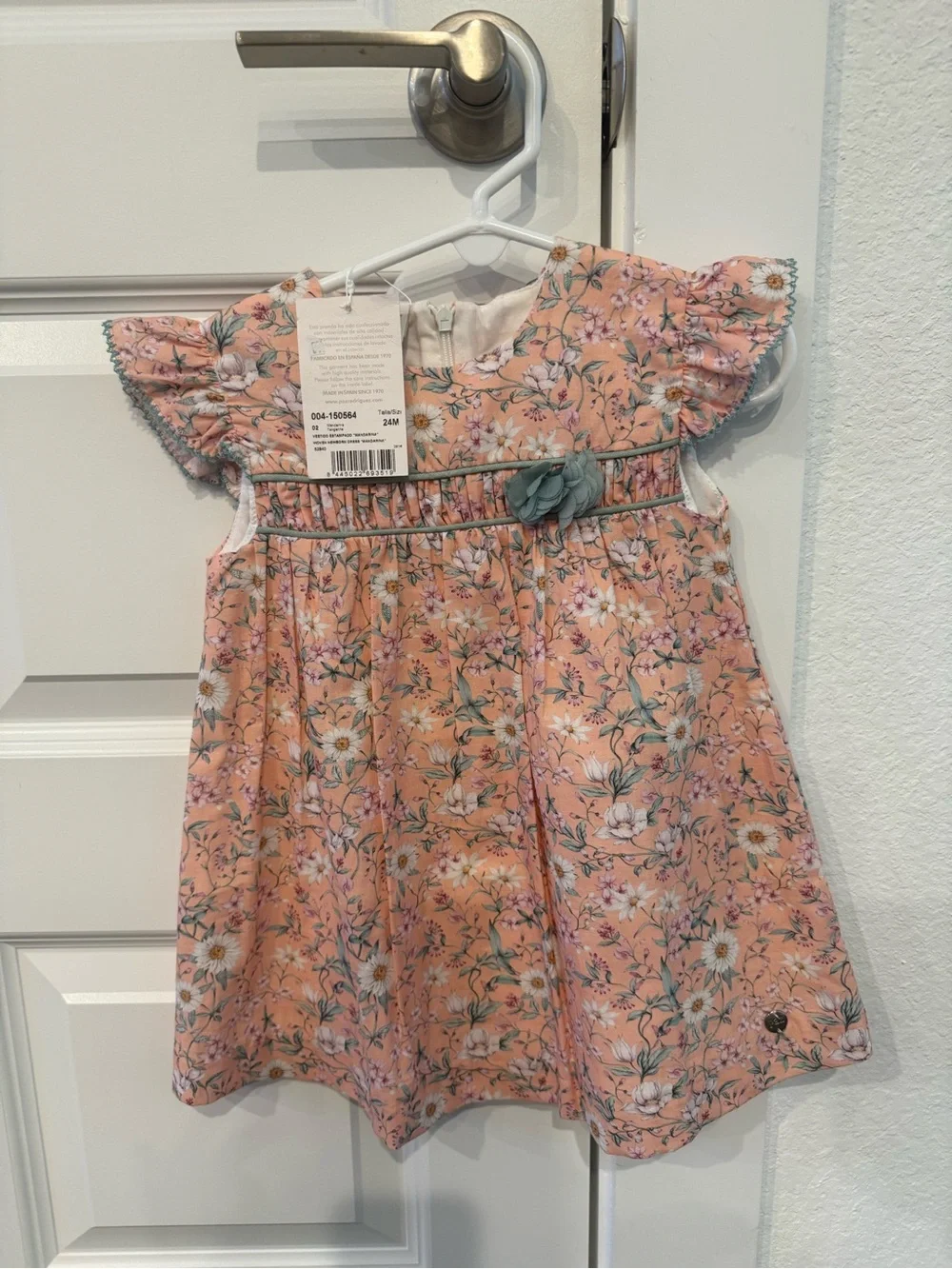 Paz Rodríguez - Girls Peach Floral Smocked Dress with Green Trim